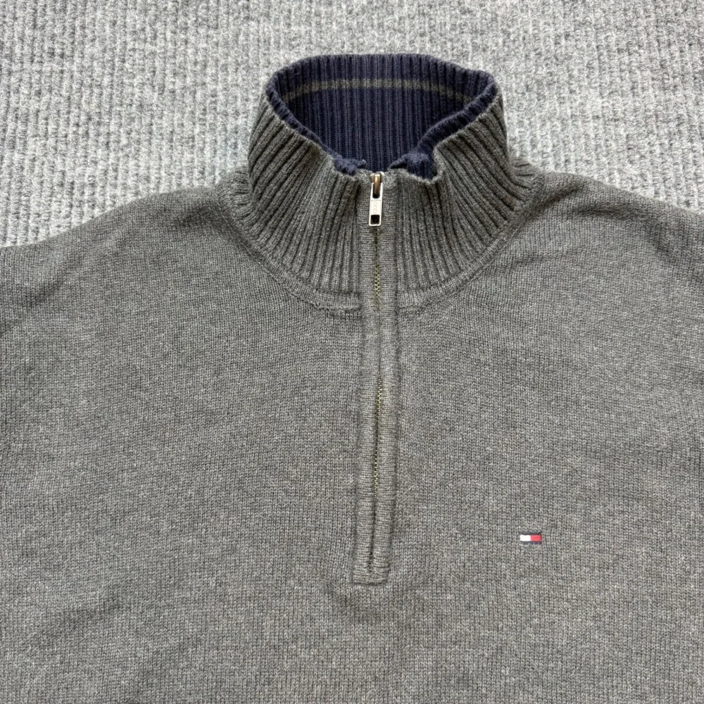 Tommy Hilfiger Mens XL Gray 1/4‎ Zip Cotton Knit Pullover Sweater Mock Neck Logo